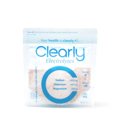 Clearly brand electrolyte powder in a jar with a scoop, showing the powdered supplement ready for mixing.