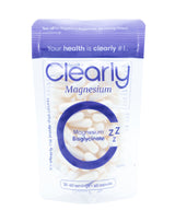 Clearly Magnesium Bisglycinate supplement bottle with label, showing capsules and product branding.