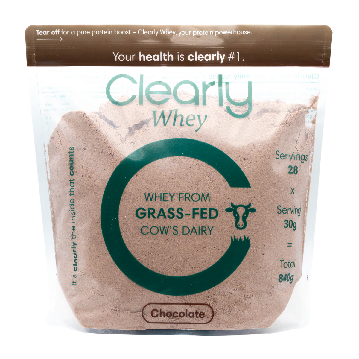 Clearly Grass-fed Whey Powder in chocolate flavor, showing the front of the packaging with branding and product details.