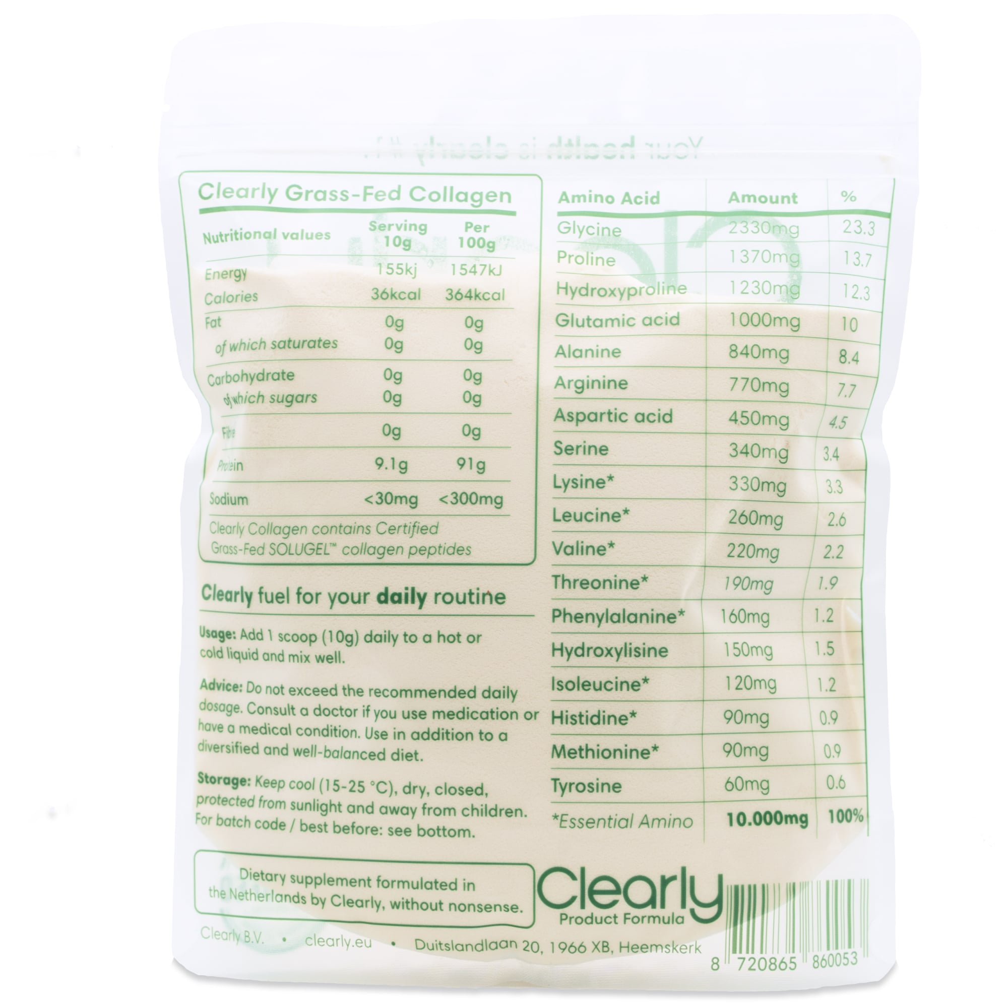 Clearly grass-fed collagen powder in a jar, showing the natural collagen supplement with a clean, minimal label design.