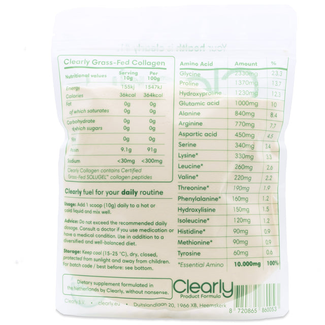 Clearly grass-fed collagen powder in a jar, showing the natural collagen supplement with a clean, minimal label design.