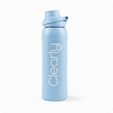 Stainless steel bottle by Clearly with a sleek, shiny finish and a secure lid, ideal for hydration on the go.