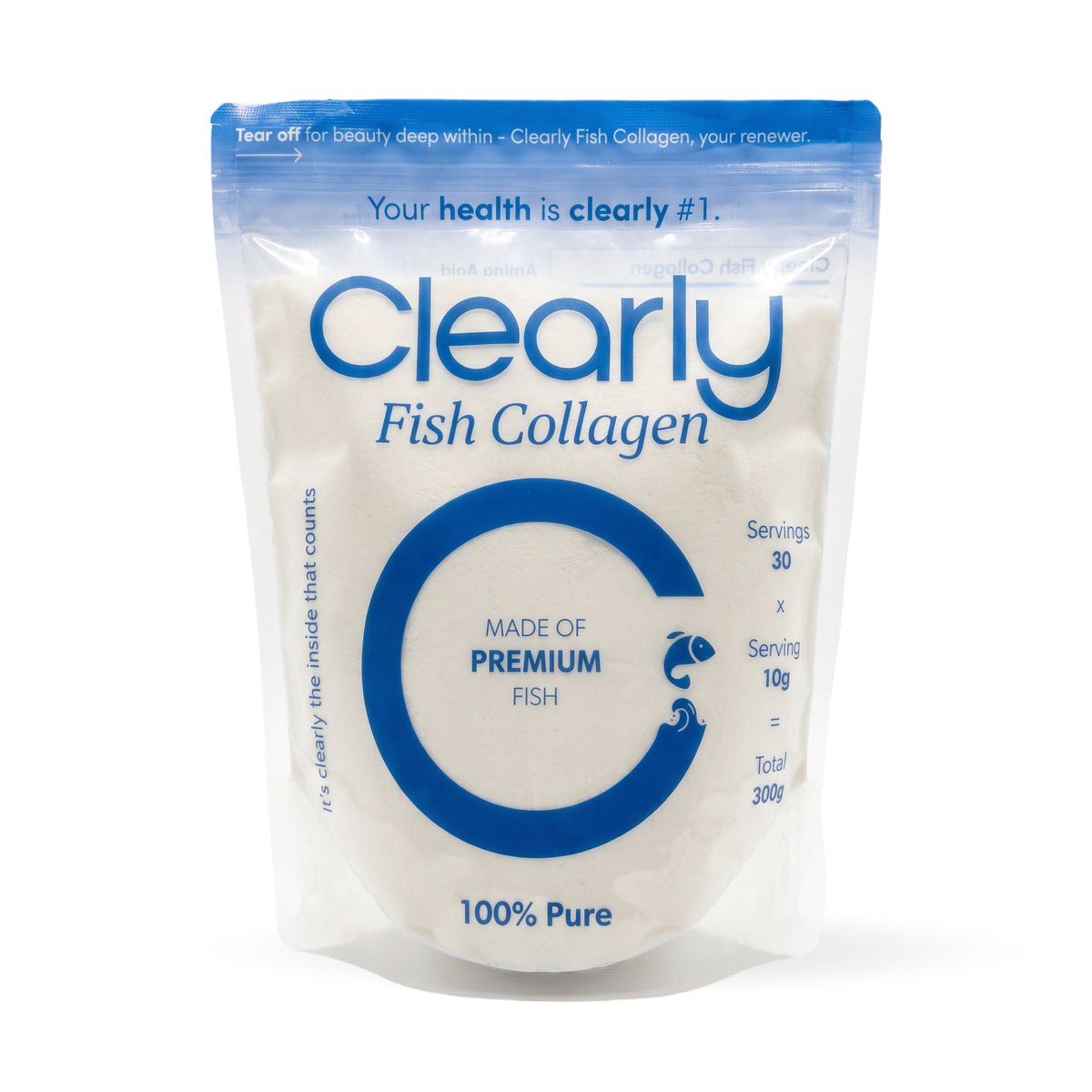 Clearly Fish Collagen supplement bottle with white label and blue accents, showcasing the product's health and wellness focus.