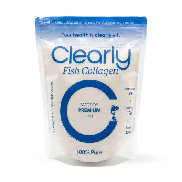 Clearly Fish Collagen supplement bottle with white label and blue accents, showcasing the product's health and wellness focus.