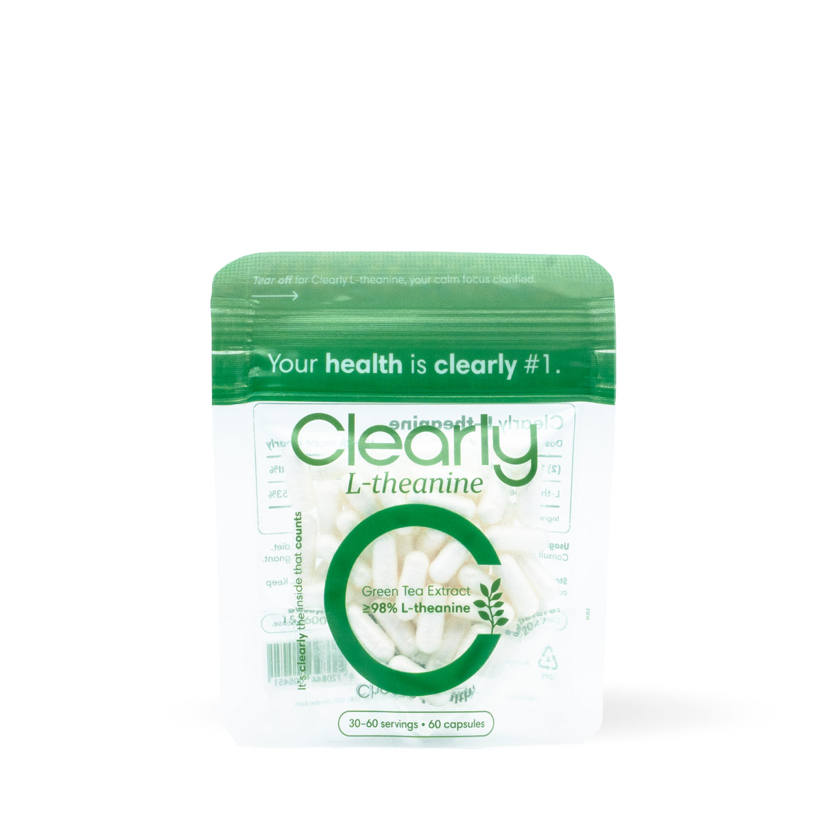 Clearly L-theanine supplement capsules for relaxation and focus, shown in a close-up image.