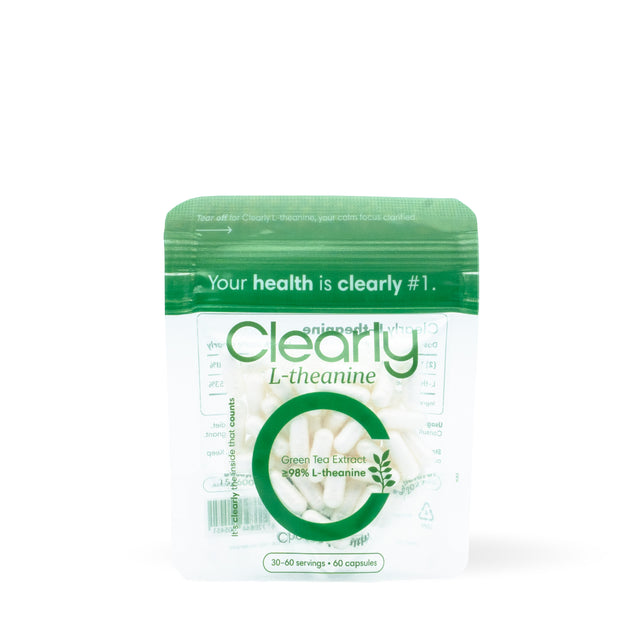 Clearly L-theanine supplement capsules for relaxation and focus, shown in a close-up image.