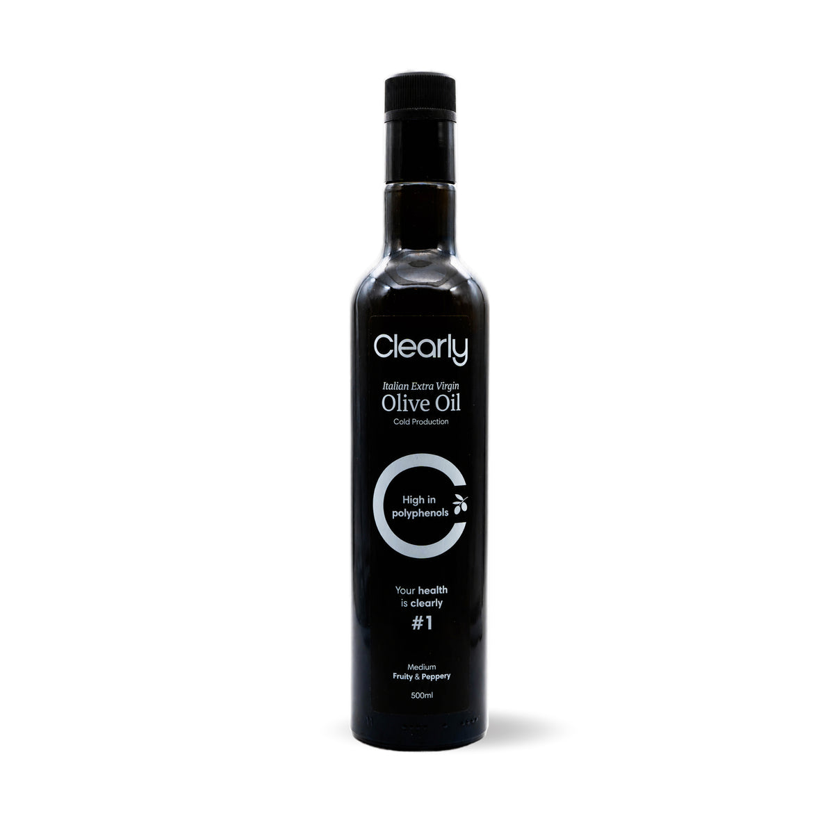 Clearly extra virgin olive oil bottle with a dark glass container and a green label, showcasing the premium quality of the product.