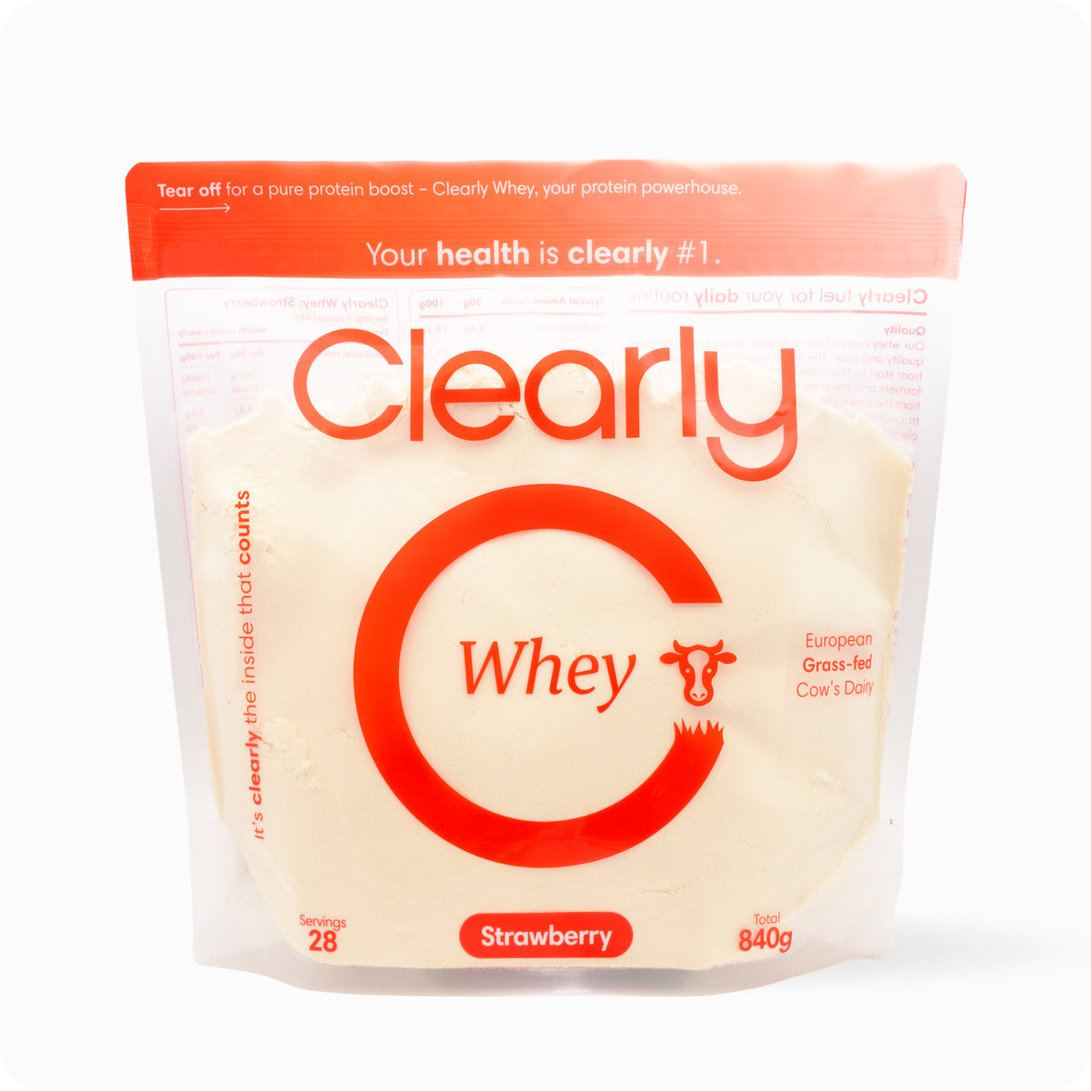 Clearly Grass-fed Whey Protein powder in a container, highlighting the natural, high-quality whey supplement for fitness and nutrition.