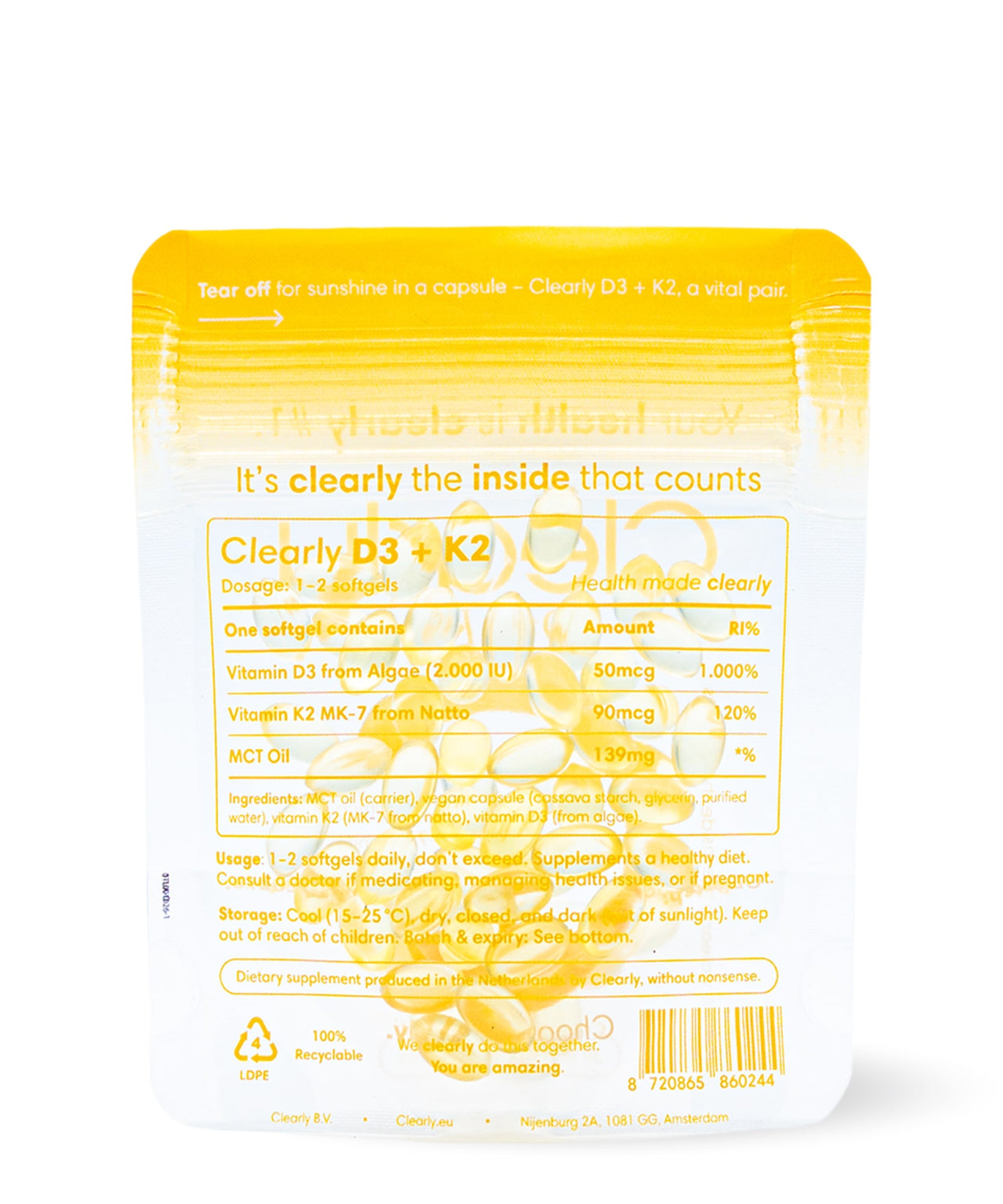 Clearly D3 + K2 supplement bottle with white cap and label, shown from the back.