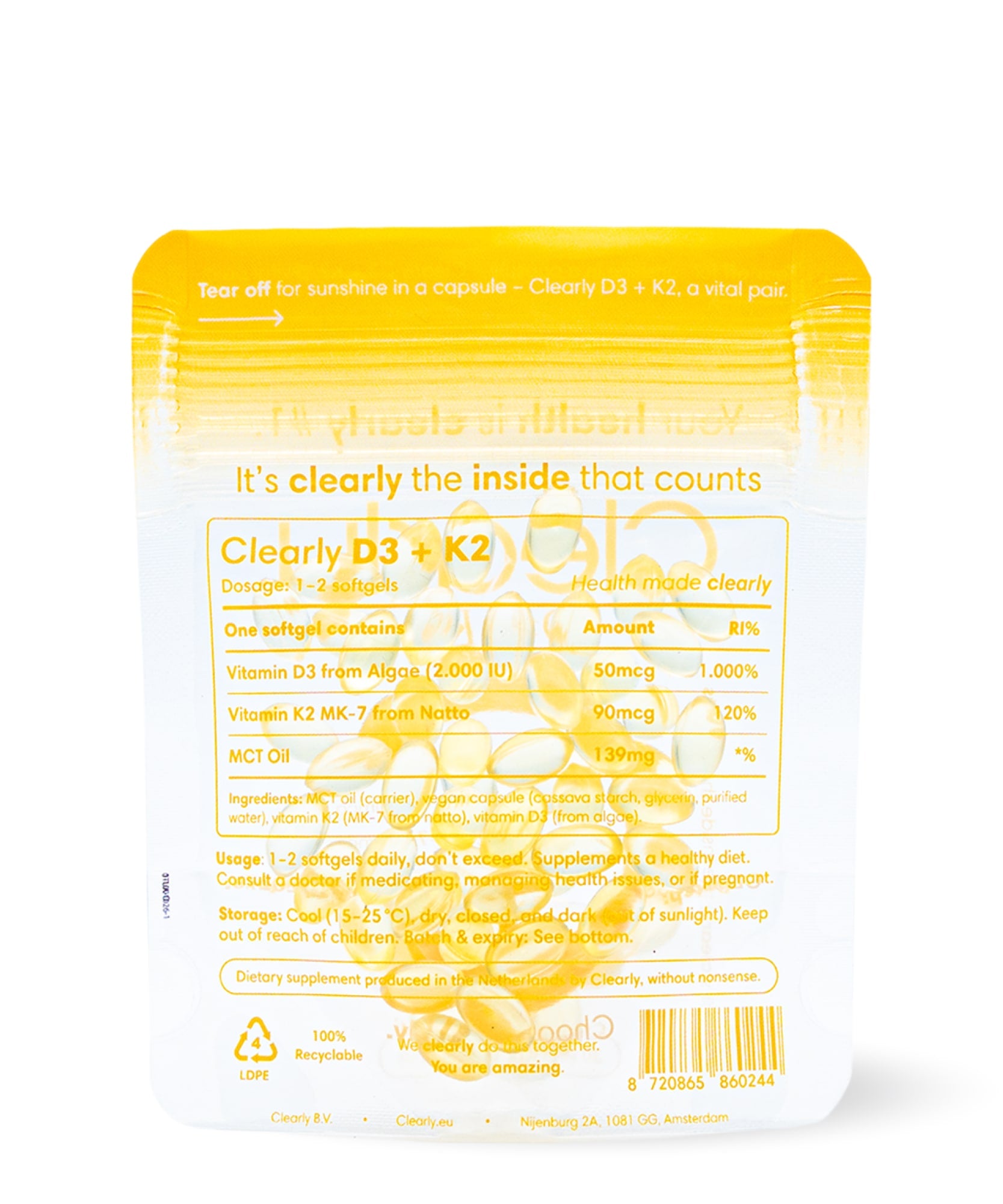 Clearly D3 + K2 supplement bottle with white cap and label, shown from the back.