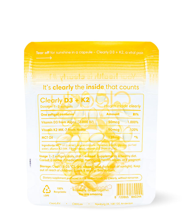 Clearly D3 + K2 supplement bottle with white cap and label, shown from the back.