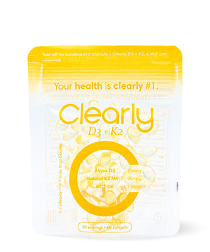 Clearly D3 plus K2 supplement bottle with white label and cap, showing the front of the dietary supplement container.