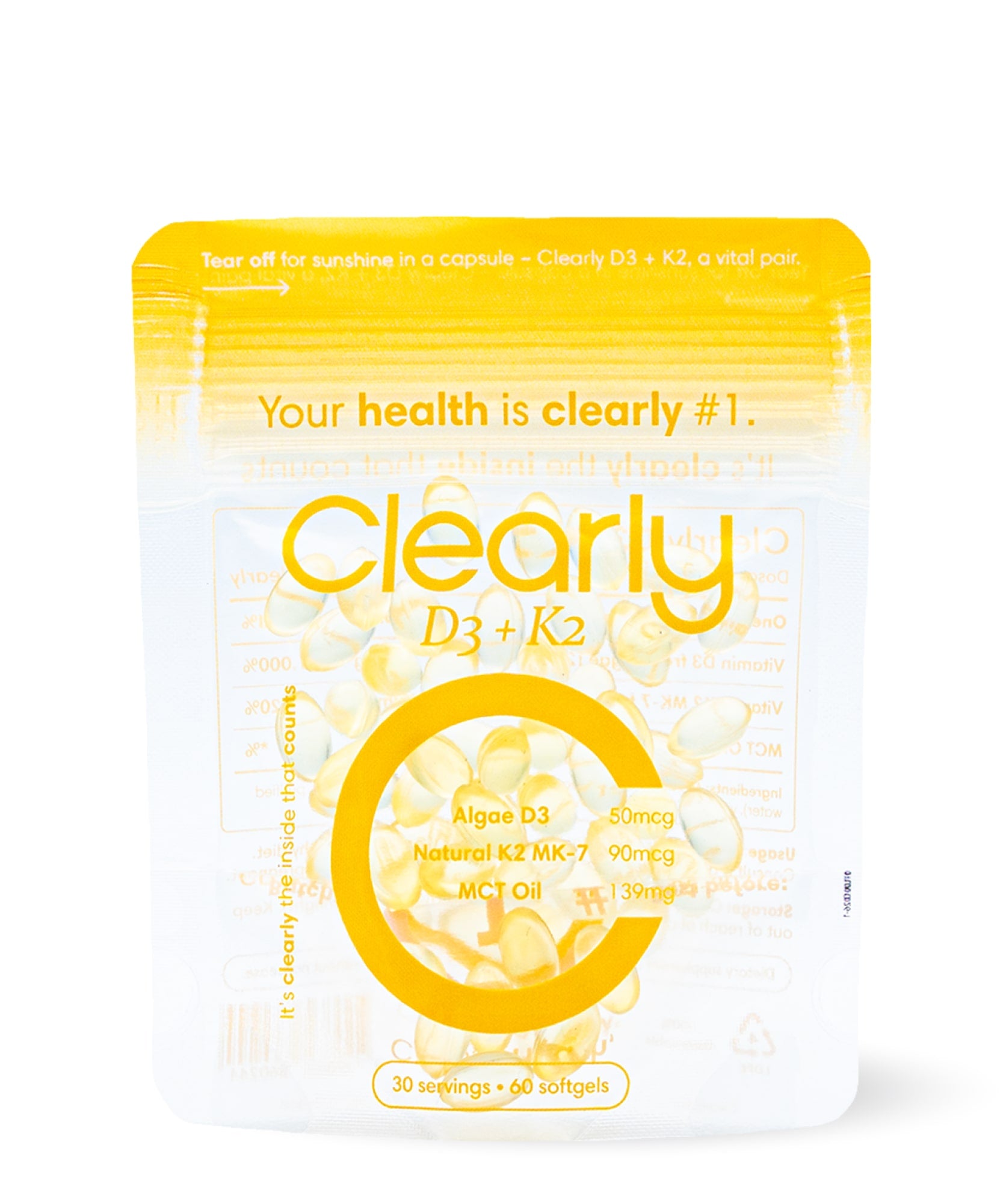 Clearly D3 + K2 supplement bottle with front label showing vitamin D3 and K2 capsules on a white background.