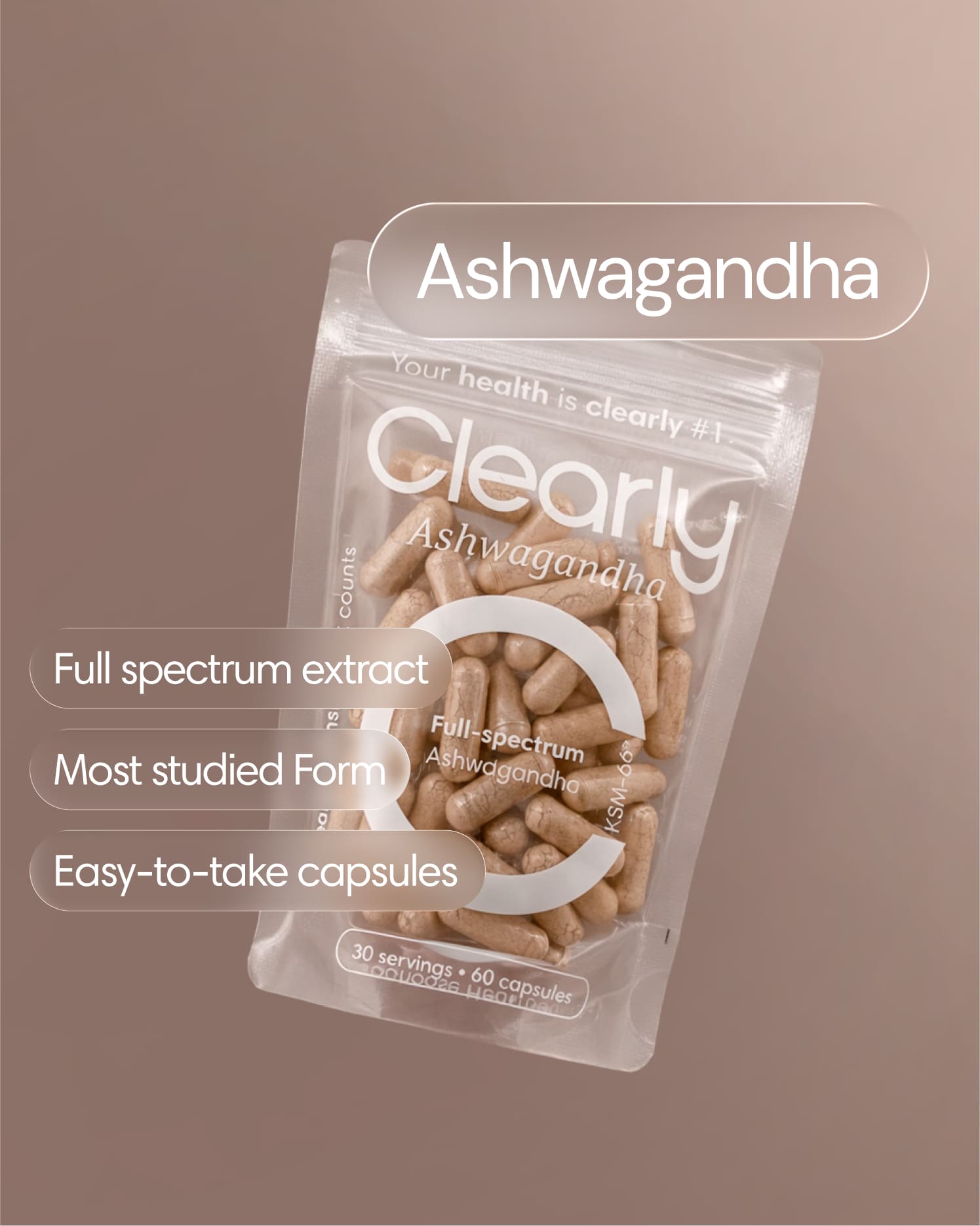 Clearly Ashwagandha capsules in a bottle, shown front view, featuring natural herbal supplement packaging and label.