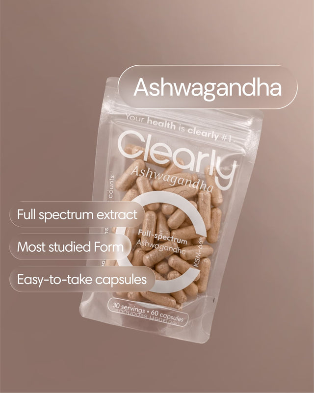 Clearly Ashwagandha capsules in a bottle, shown front view, featuring natural herbal supplement packaging and label.