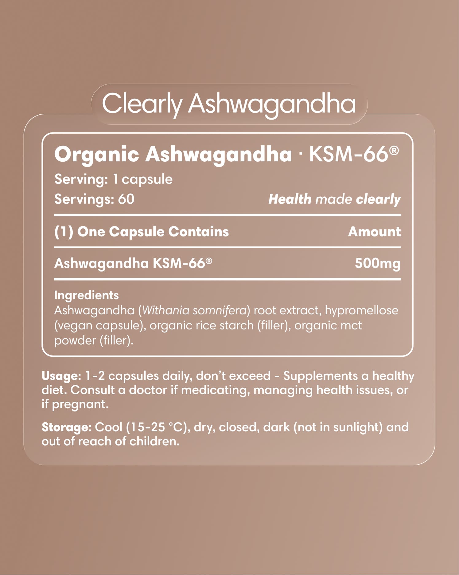 Clearly Ashwagandha capsules bottle with label displaying product name and branding, set against a neutral background.