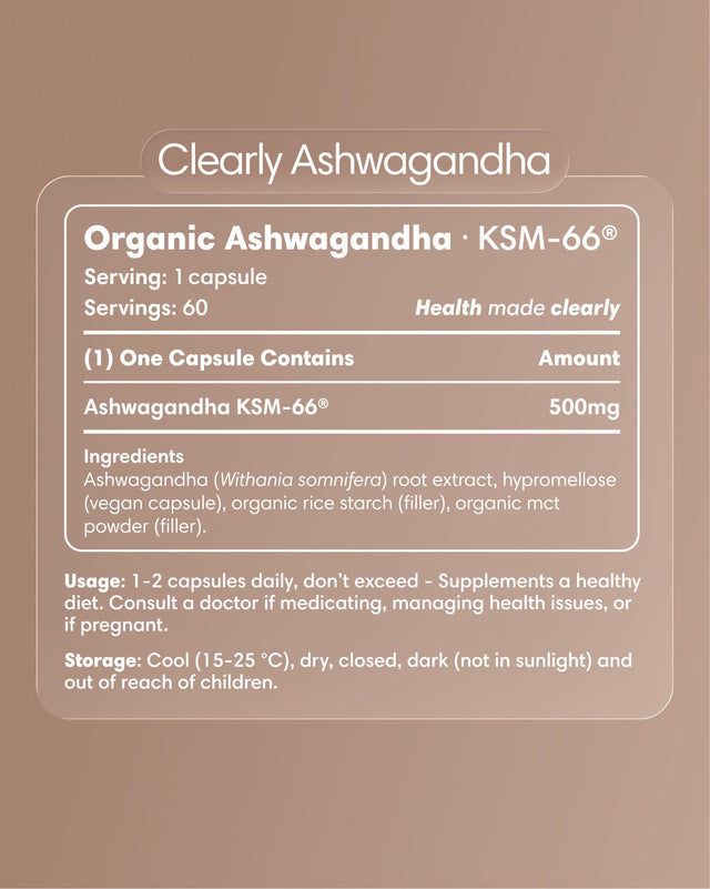 Clearly Ashwagandha capsules bottle with label displaying product name and branding, set against a neutral background.