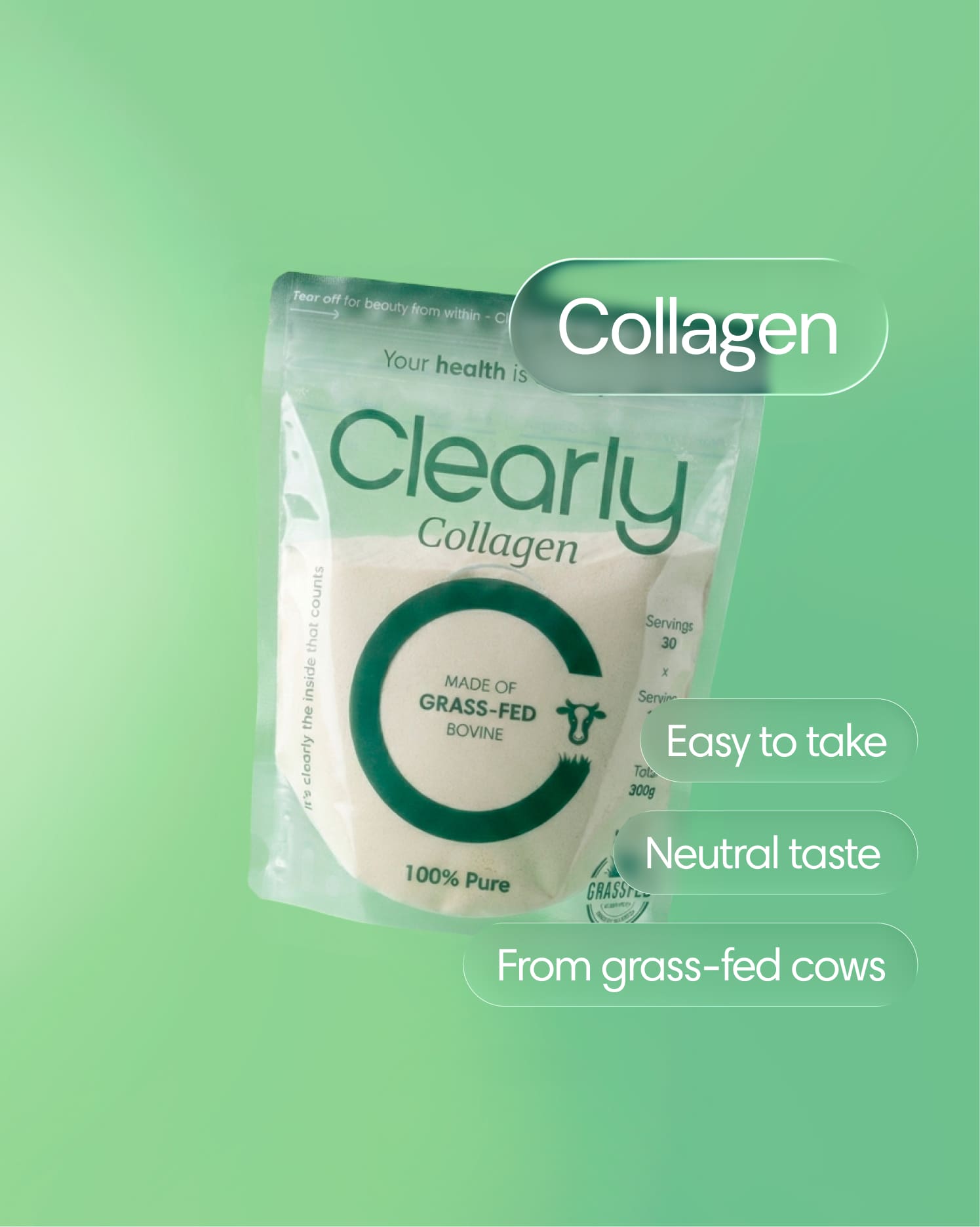Clearly grass-fed collagen powder in a resealable jar, showing the natural beige powder inside on a plain background.