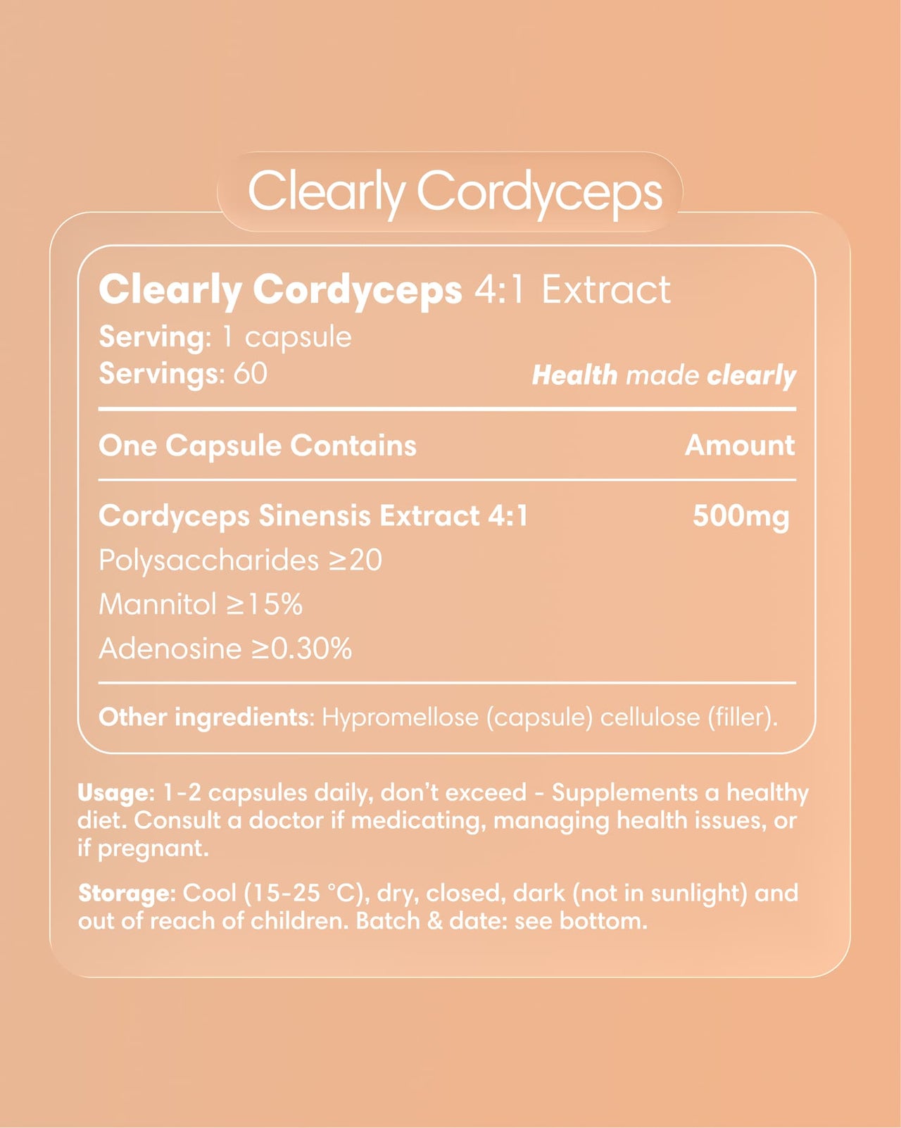 Clearly brand Cordyceps capsules with label showing product details and packaging in a natural, informative shot.