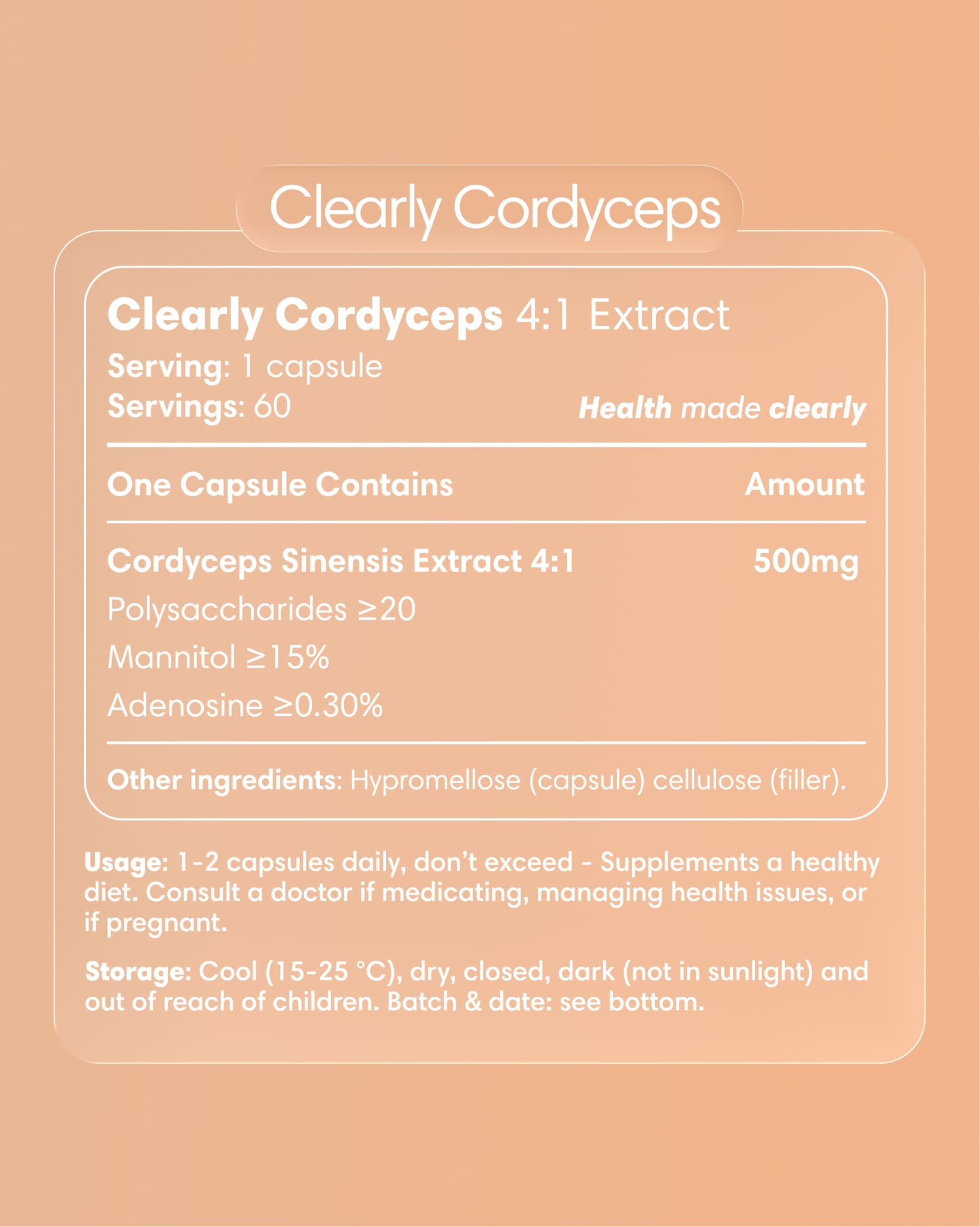 Clearly brand Cordyceps capsules with label showing product details and packaging in a natural, informative shot.