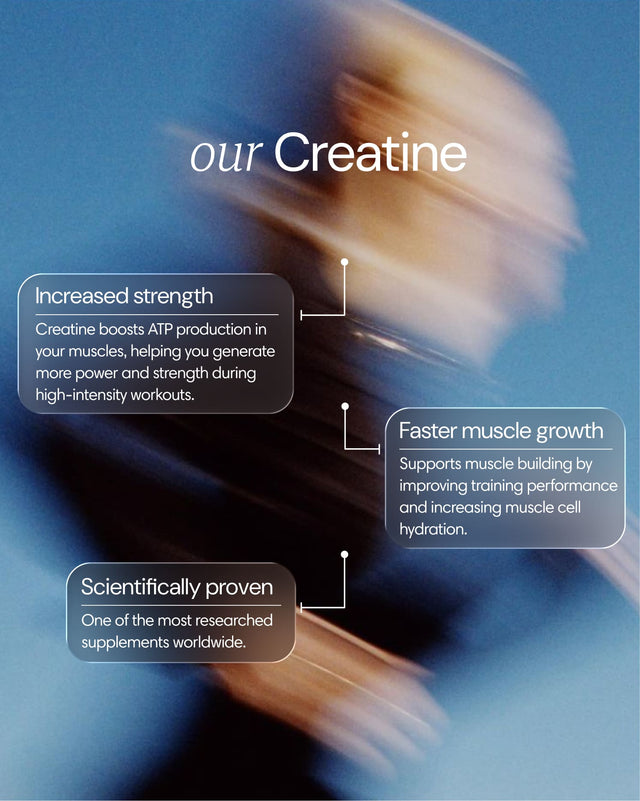 Clearly Creatine supplement container with label, showing the product's benefits and ingredients for muscle energy and endurance.