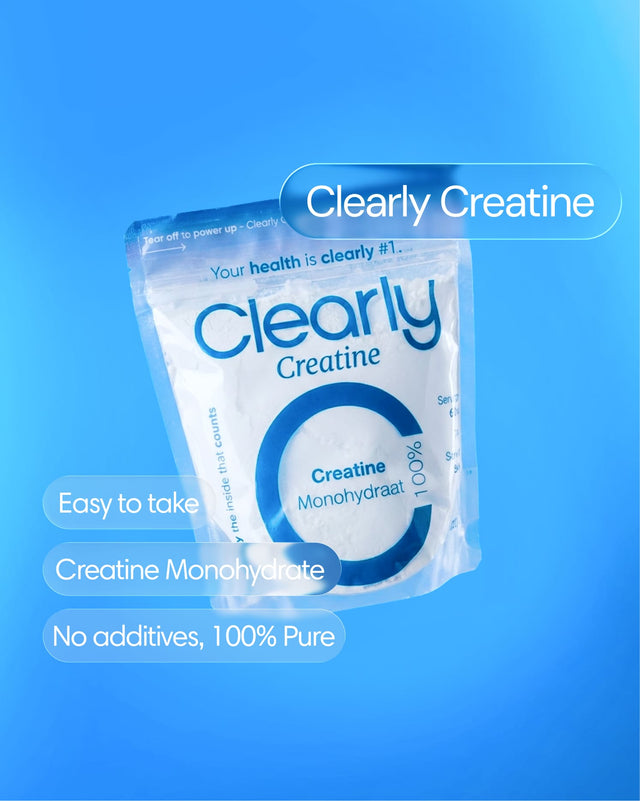 Clearly Creatine powder container with label, showing the front view of the supplement bottle on a white background.