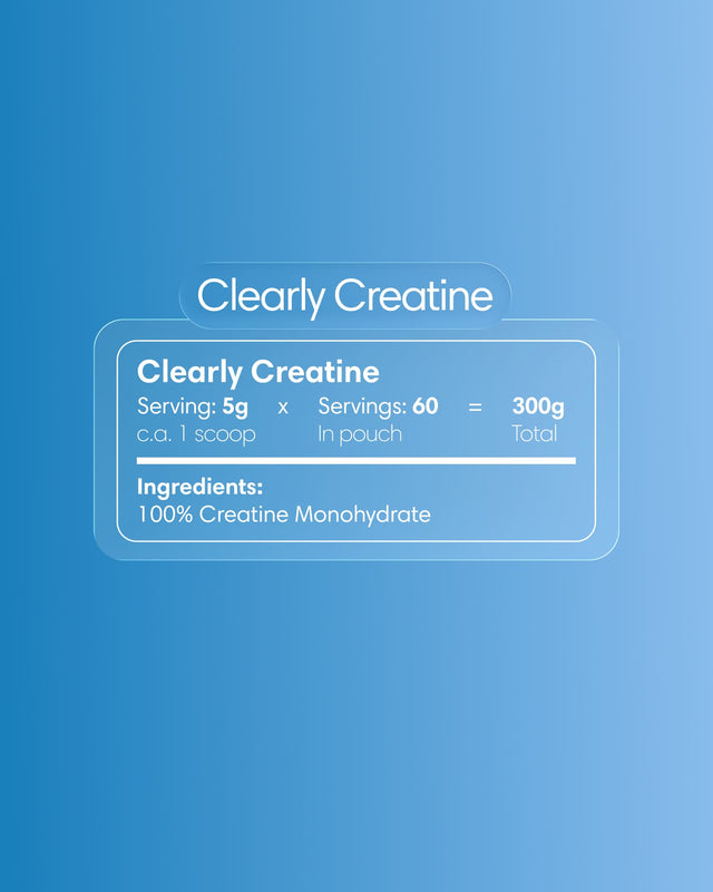 Clearly Creatine supplement label showing white powder and brand logo on a blue and white container.