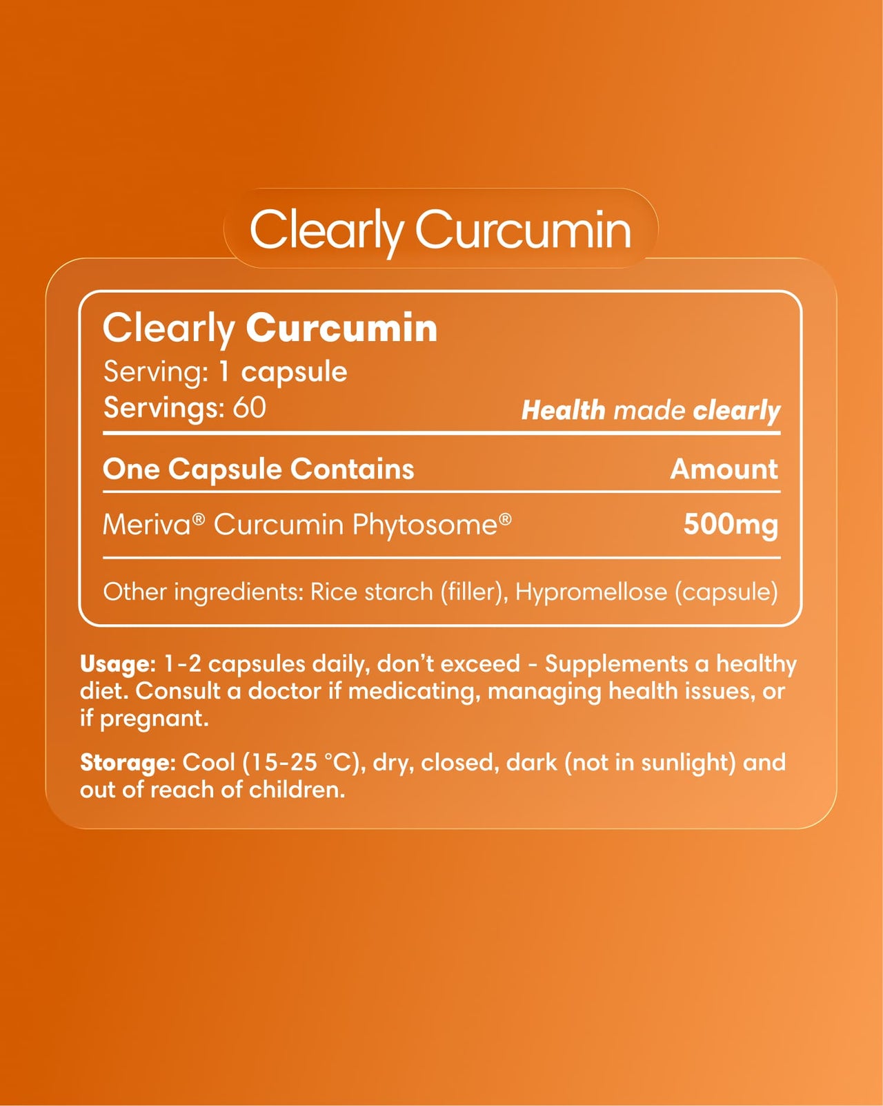 Clearly Curcumin capsules bottle with label showing supplement information and branding, set against a plain background.