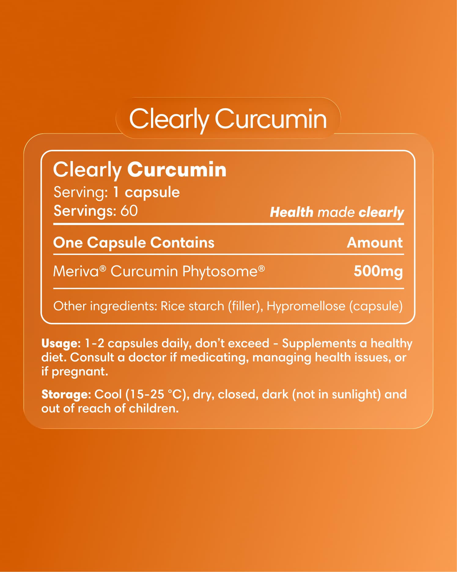Clearly Curcumin capsules bottle with label showing supplement information and branding, set against a plain background.