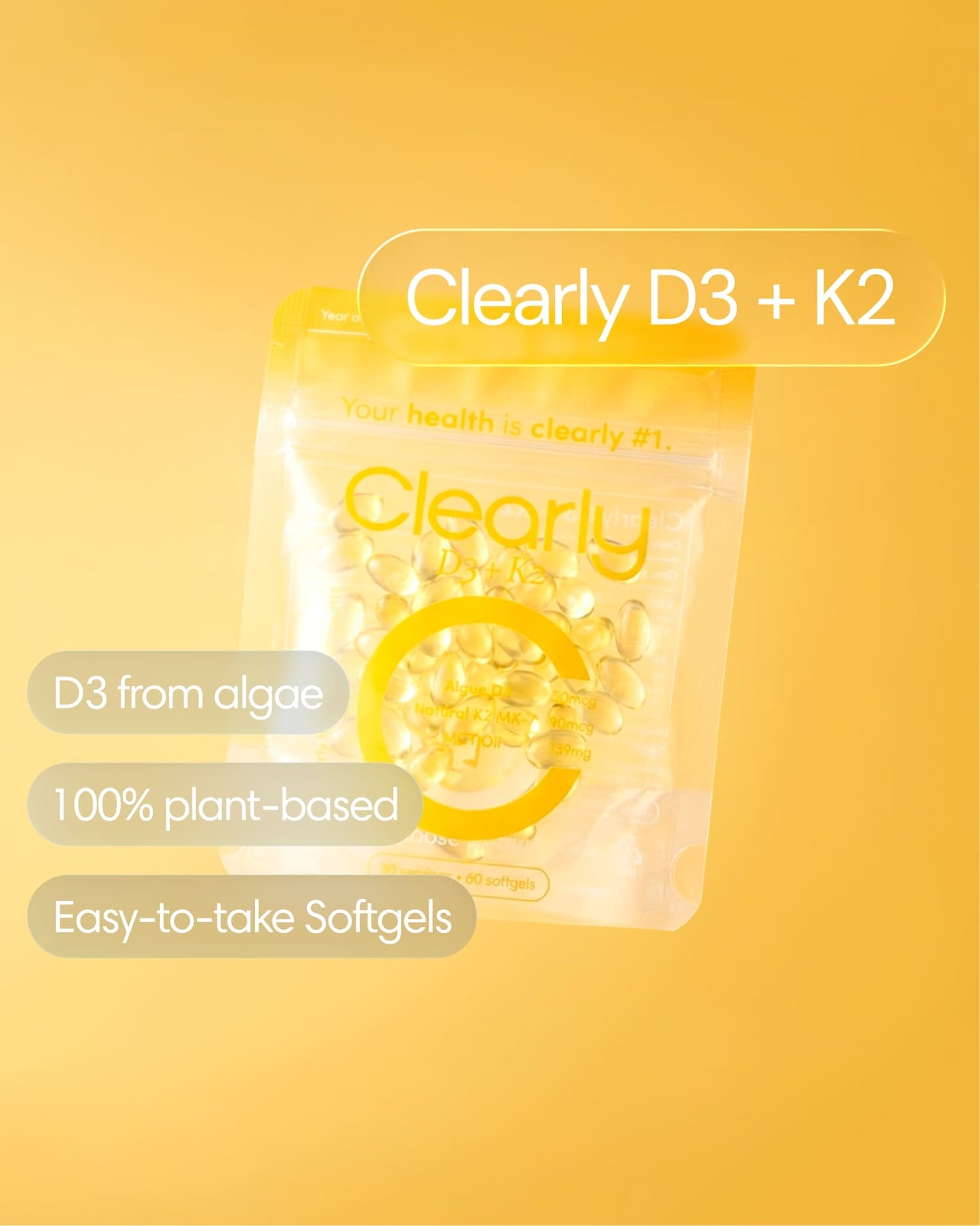 Clearly D3 + K2 supplement bottle with label showing front view of the dietary supplement.