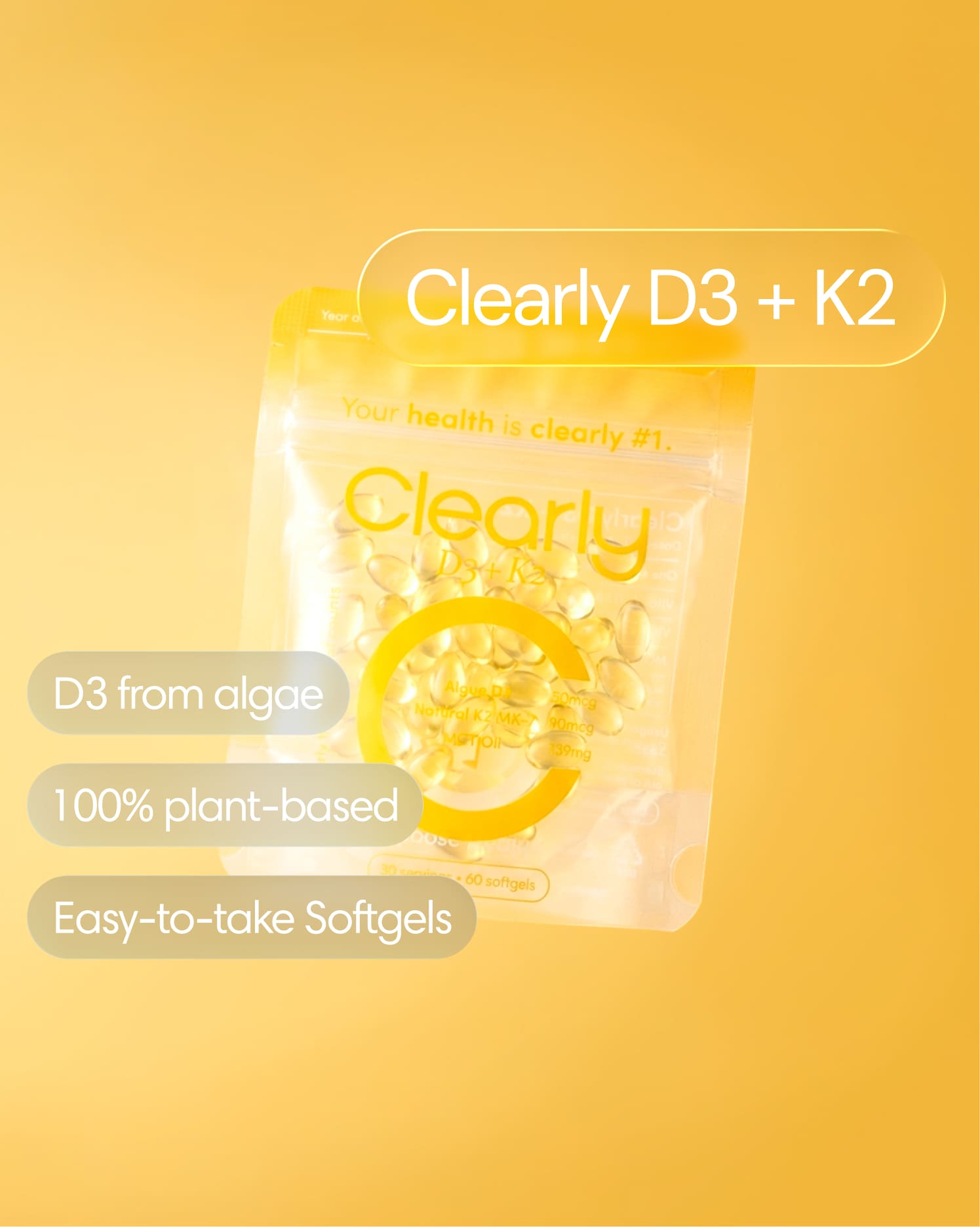 Clearly D3 + K2 supplement bottle with label showing front view of the dietary supplement.