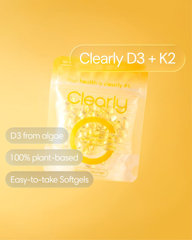 Clearly D3 + K2 supplement bottle with label showing front view of the dietary supplement.