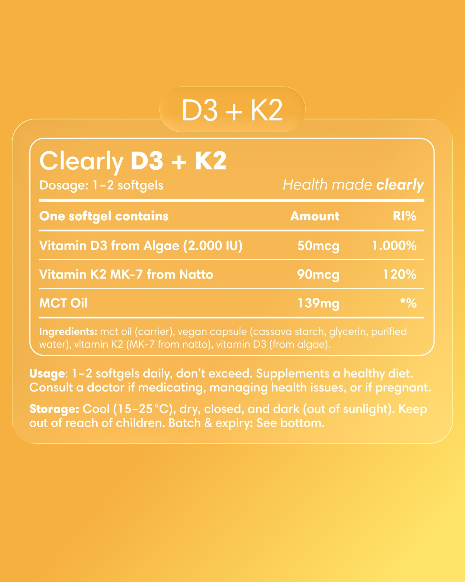 Clearly D3 + K2 supplement bottle label showing vitamin D3 and K2 capsules in a clear container.
