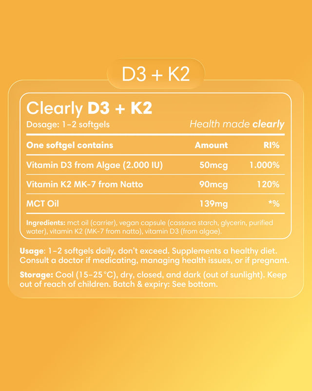 Clearly D3 + K2 supplement bottle label showing vitamin D3 and K2 capsules in a clear container.
