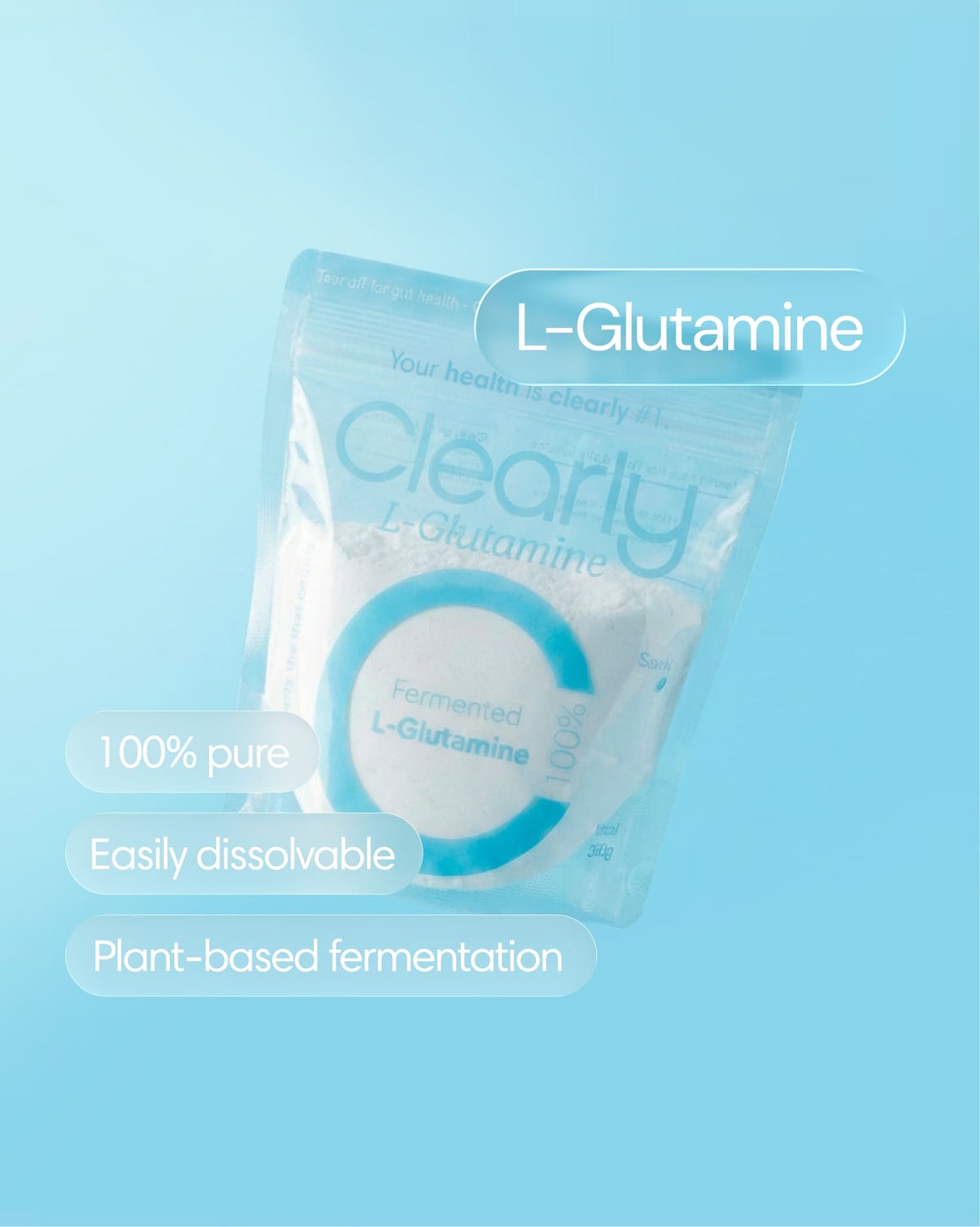 Clearly L-glutamine supplement in a white bottle with a label, showing the front view of the dietary supplement container.