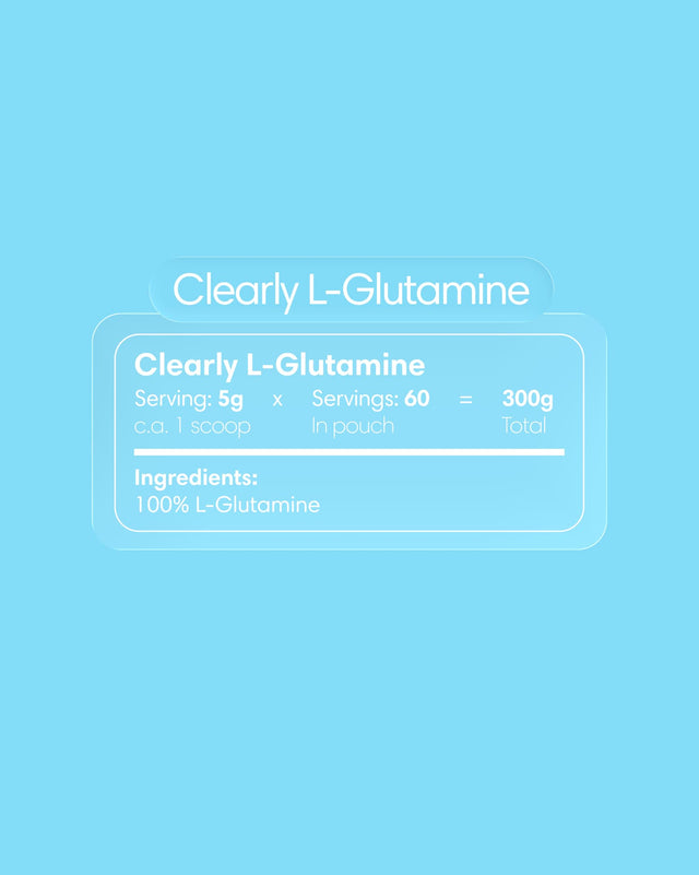 Clearly L-glutamine supplement bottle with label showing product details and branding, emphasizing dietary amino acid support.