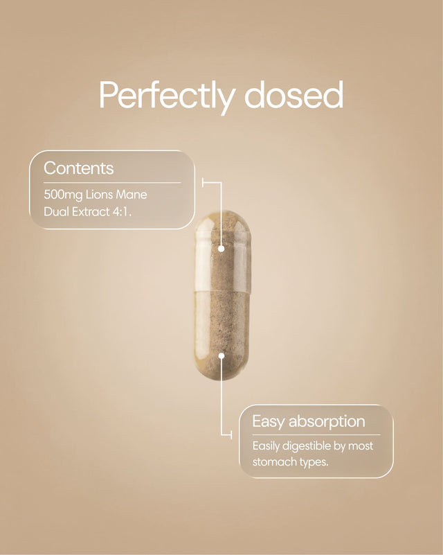 Clearly Lion's Mane capsules in a bottle, showing the supplement capsules for cognitive health support.