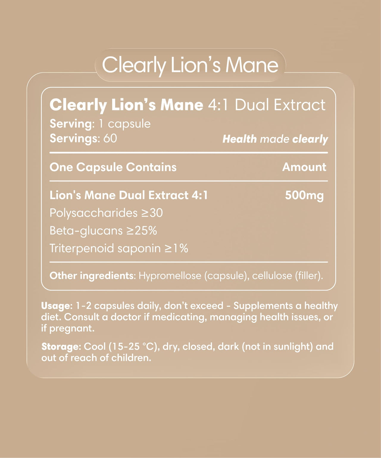 Clearly Lion's Mane capsules bottle with label, showing supplement packaging and branding for mushroom health support.