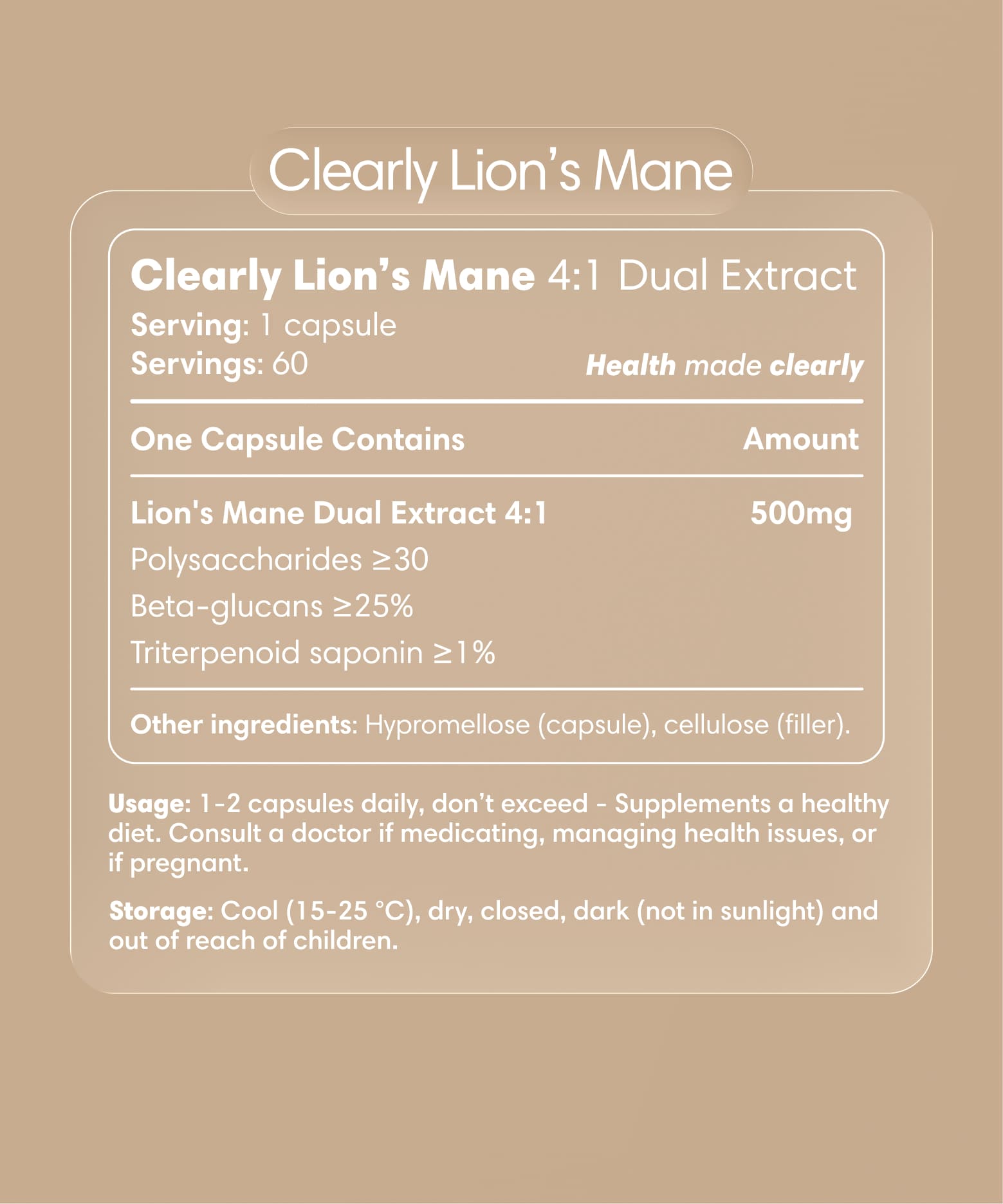 Clearly Lion's Mane capsules bottle with label, showing supplement packaging and branding for mushroom health support.