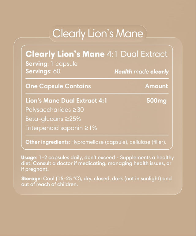 Clearly Lion's Mane capsules bottle with label, showing supplement packaging and branding for mushroom health support.