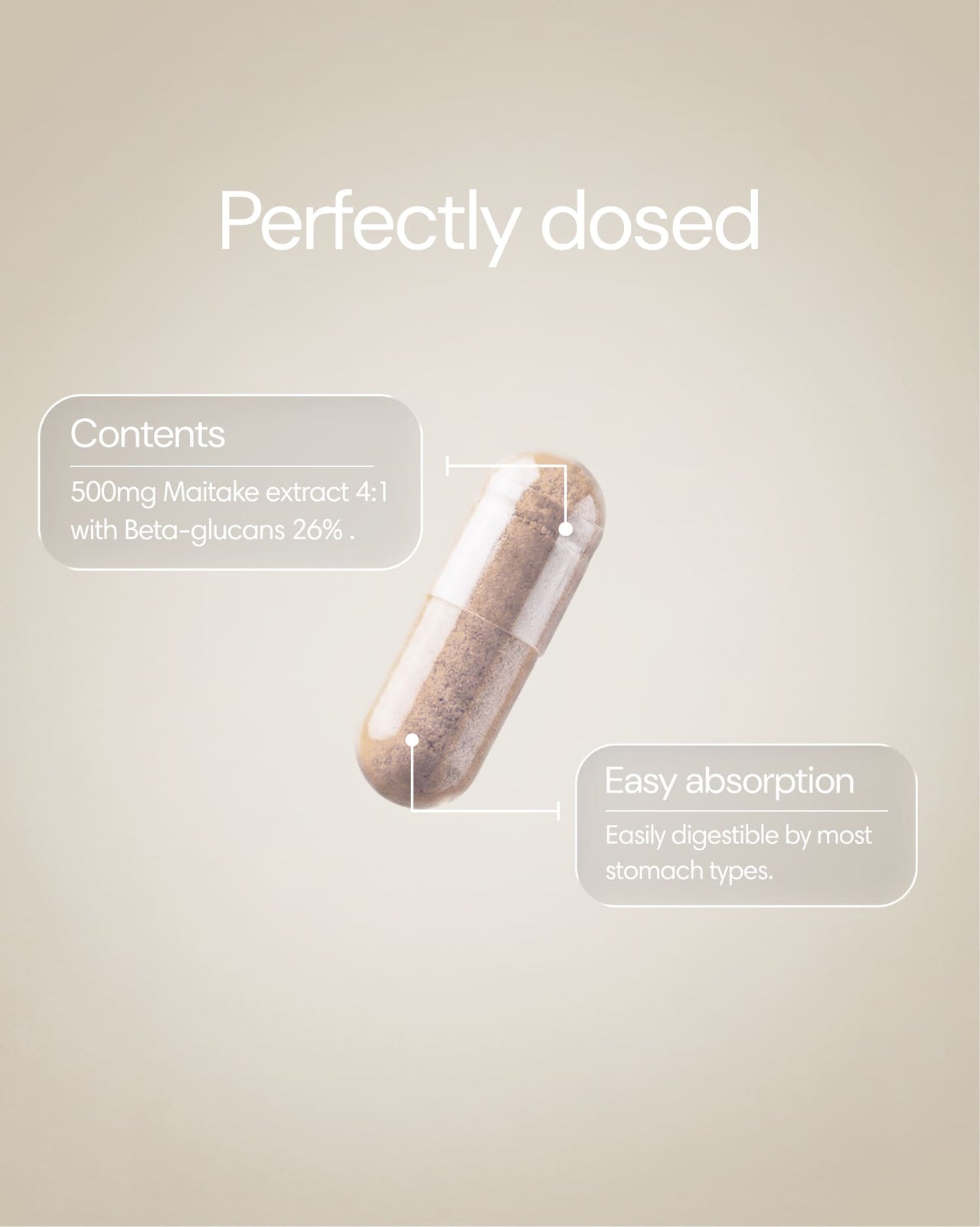 Clearly Maitake mushroom supplement capsules, close-up of the supplement bottle with capsules inside.