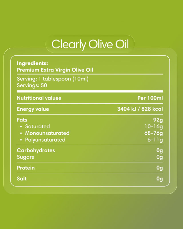 Clearly Extra Virgin Olive Oil bottle with label, showcasing rich gold color and branding on a dark background.