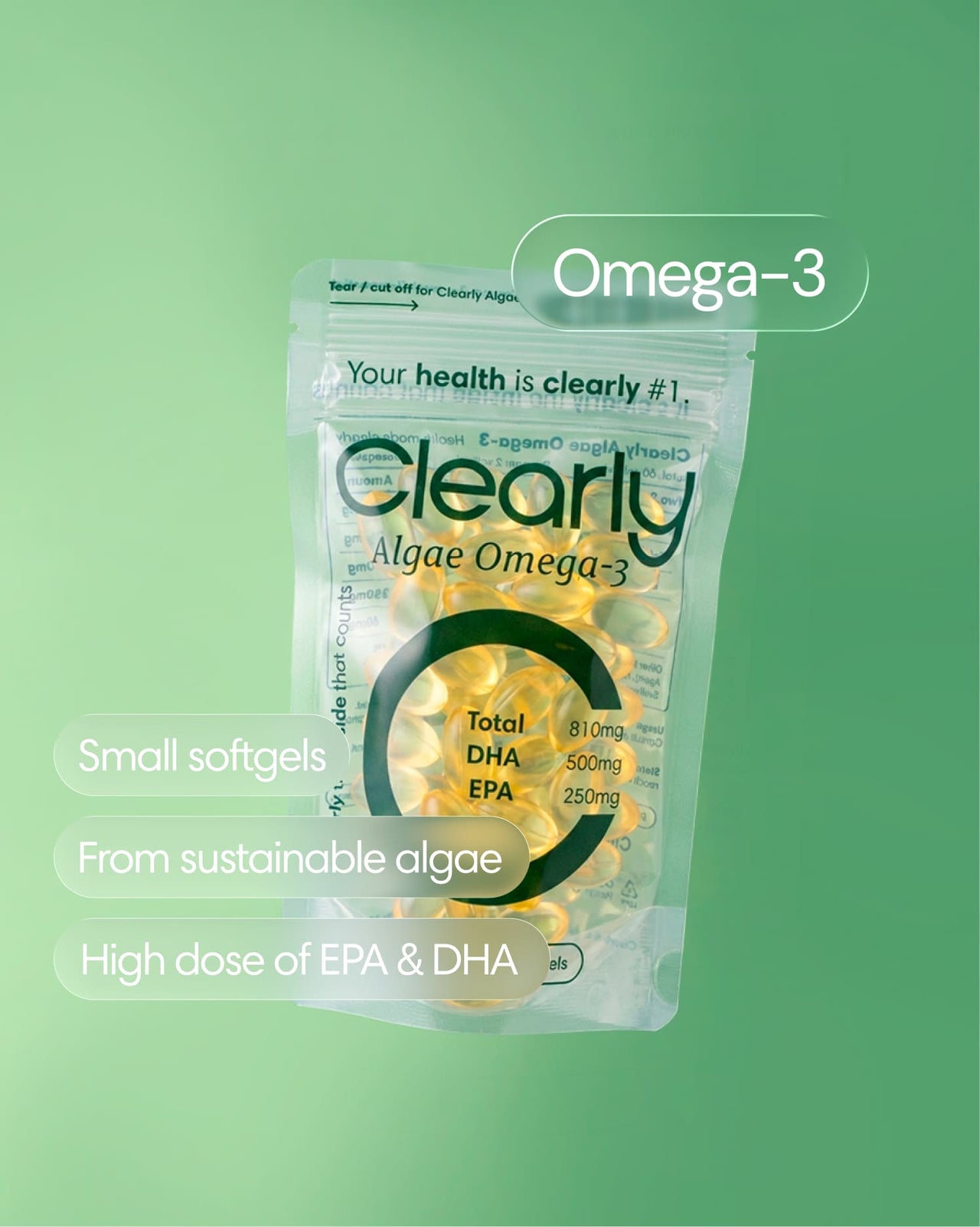 Clearly Omega-3 supplement bottle with label showing fish oil capsules, front view of the dietary supplement for healthy omega-3 intake.