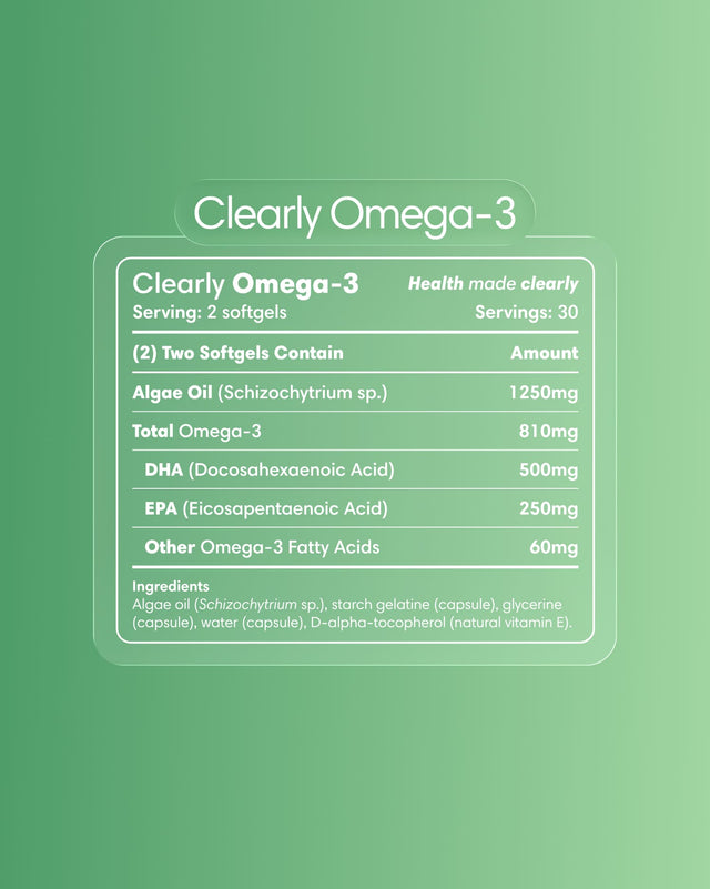 Clearly Omega-3 supplement bottle with label showing fish oil capsules and product details for healthy heart support.