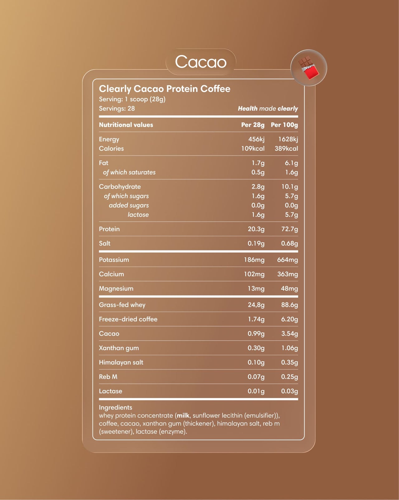 Clearly Protein Iced Coffee with cacao flavor in a clear glass, showing a chilled coffee beverage with ice and chocolate accents.