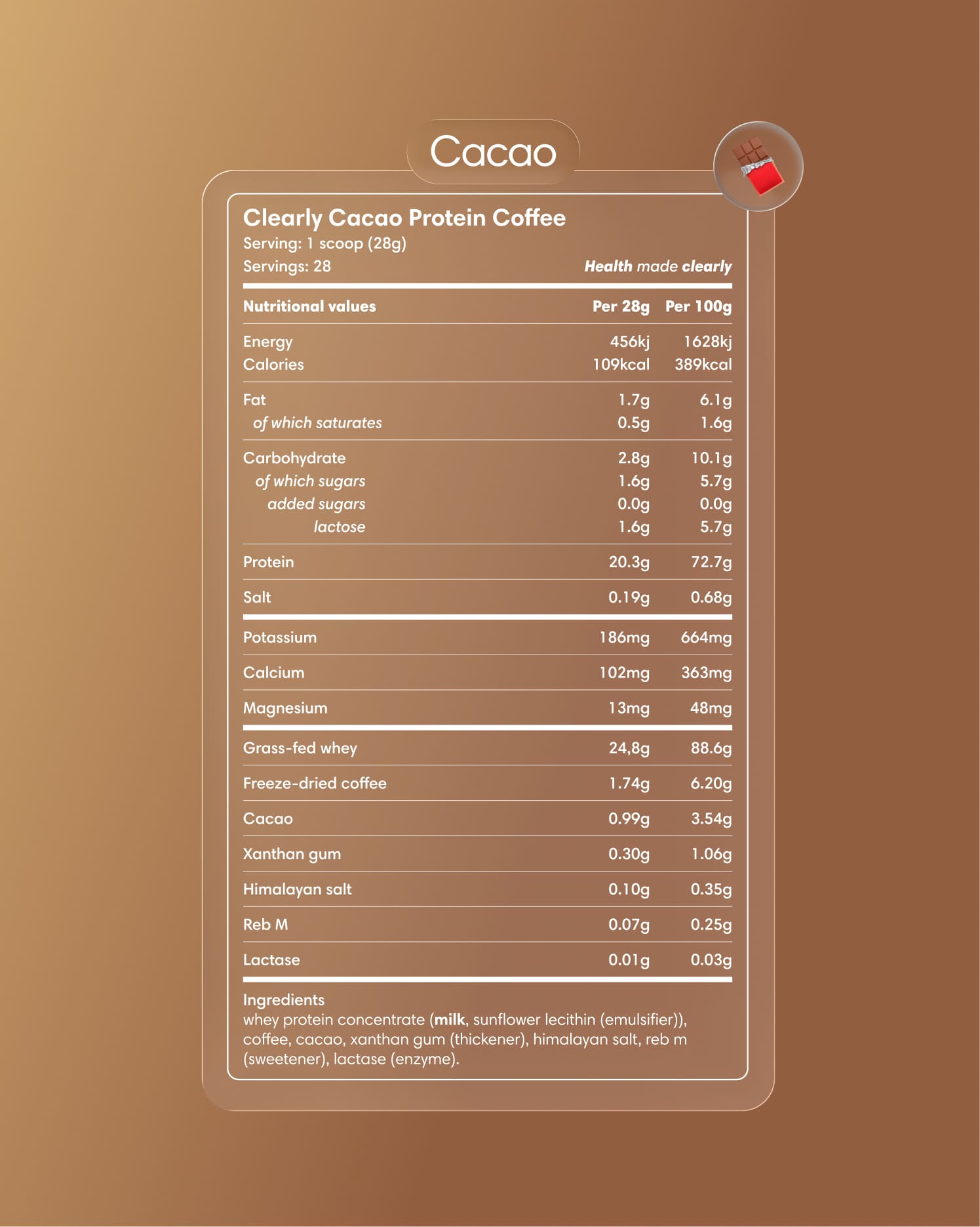 Clearly Protein Iced Coffee with cacao flavor in a clear glass, showing a chilled coffee beverage with ice and chocolate accents.