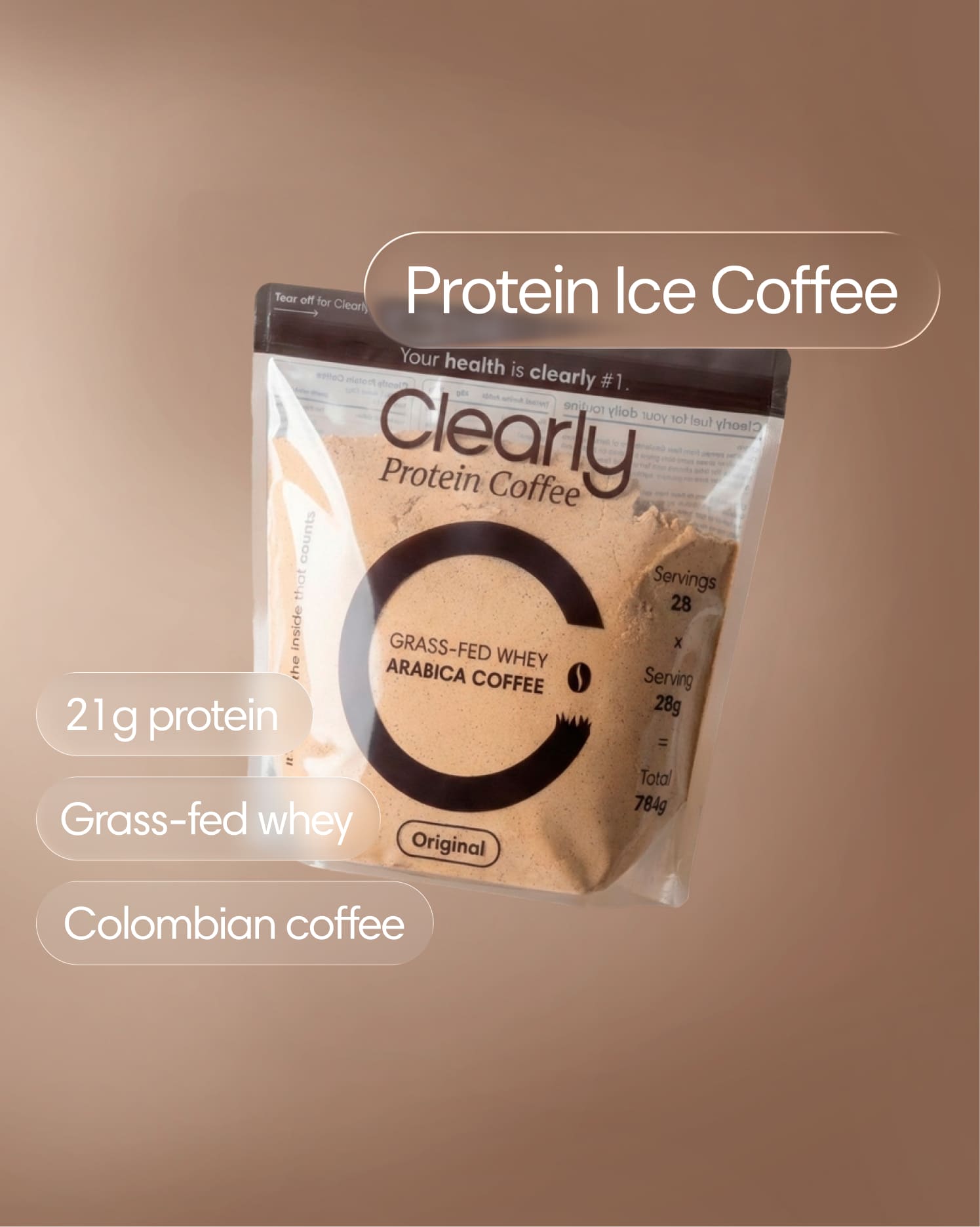 Clearly Protein Iced Coffee in a clear glass, showcasing a chilled coffee beverage with ice and a creamy layer on top.