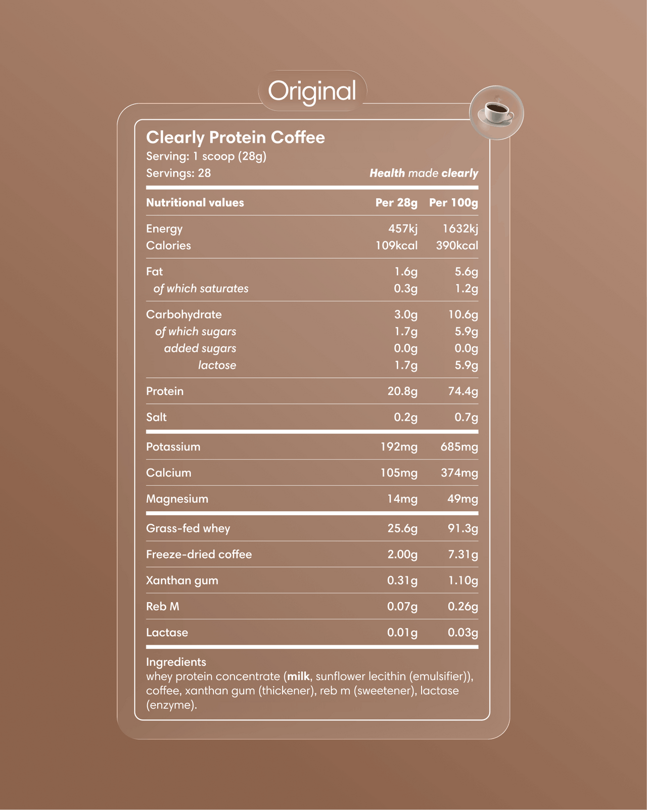 Clearly Protein Iced Coffee in original flavor with creamy coffee and protein, served chilled in a clear glass.