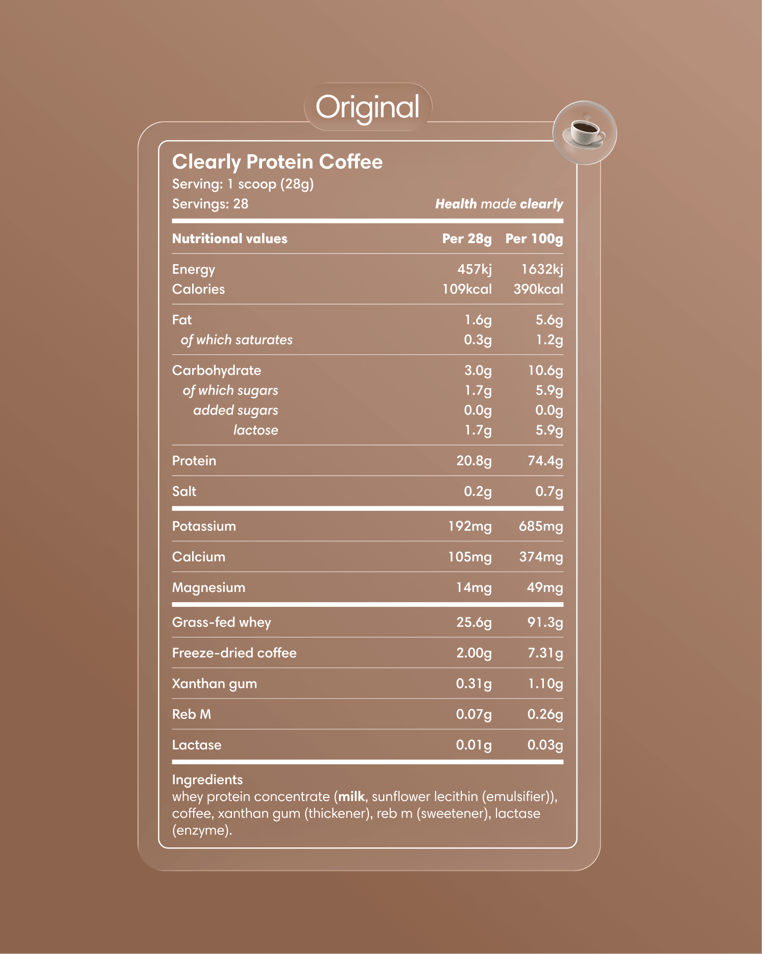 Clearly Protein Iced Coffee in original flavor with creamy coffee and protein, served chilled in a clear glass.