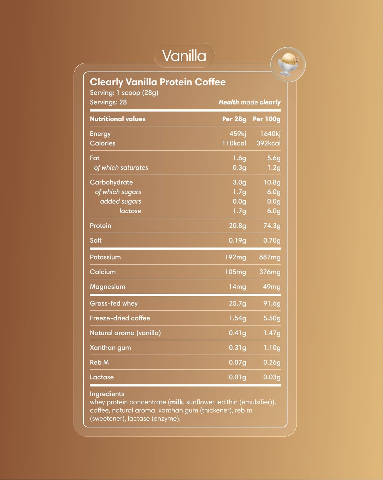 Clearly Protein Iced Coffee with vanilla flavor, cold beverage with creamy texture and coffee and protein ingredients visible in the image.